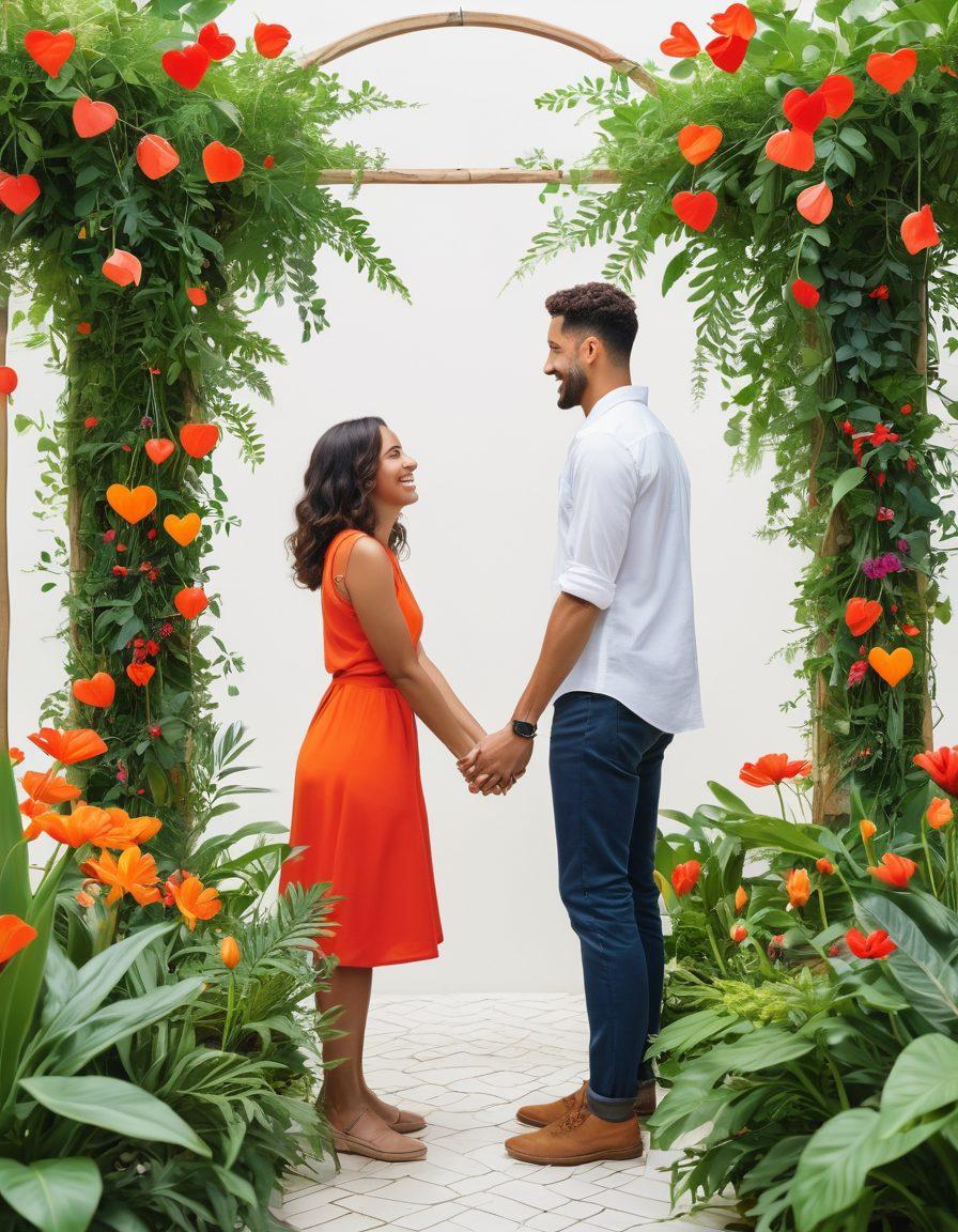 A vibrant and colorful collage showcasing diverse relationship styles: a loving couple holding hands in an urban park, a group of friends laughing together, and two partners sharing a cozy moment at a café. Include elements of connection such as intertwined hearts and flourishing plants symbolizing growth. The background should be softly blurred to emphasize the dynamic interactions. super-realistic. vibrant colors. white background.