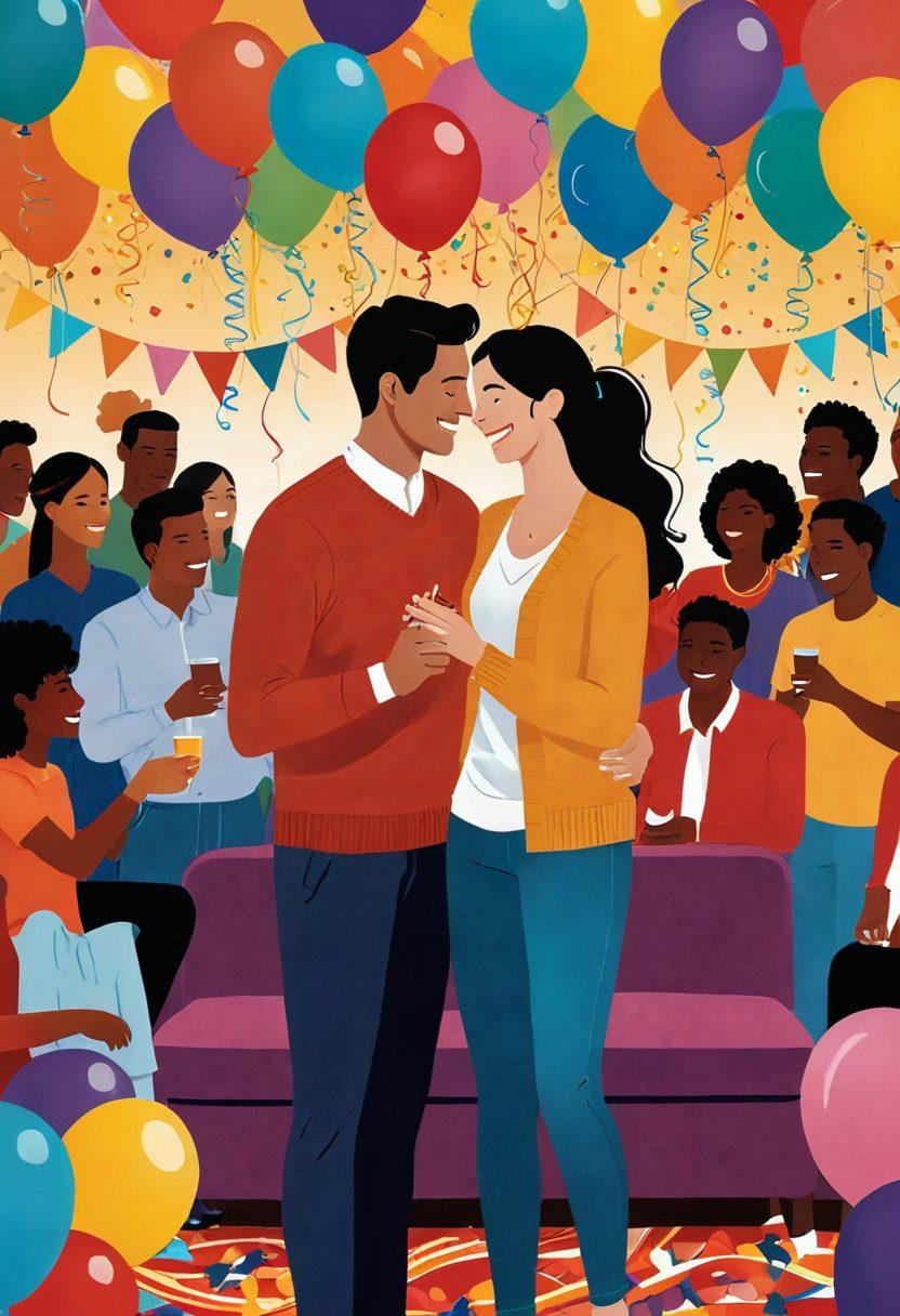 A vibrant, tasteful illustration of a diverse couple joyfully engaged in a lively party setting, surrounded by colorful decorations and soft lighting. Include elements symbolizing connection, such as linked hearts and interlocking hands, set against a backdrop of a cozy lounge atmosphere. Showcase an array of couples mingling and sharing smiles, emphasizing openness and acceptance. warm colors. vector art.
