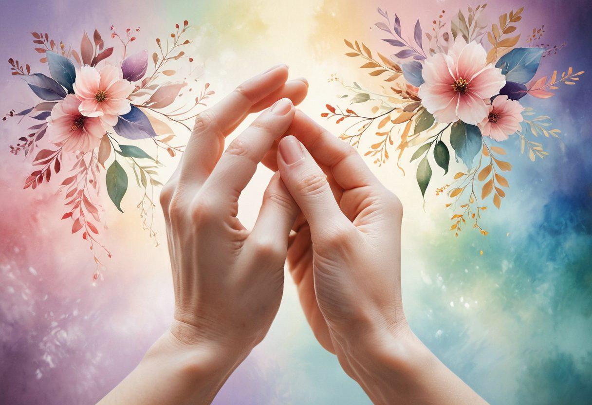 A beautifully intertwined pair of hands, symbolizing connection and intimacy, surrounded by soft, ethereal light. In the background, abstract shapes representing emotions like love and trust softly blend together. Gentle, harmonious colors create a soothing atmosphere, emphasizing warmth and partnership. Delicate floral elements can be seen subtly emerging from the edges, enhancing the theme of growth in relationships. super-realistic. vibrant colors. soft focus.